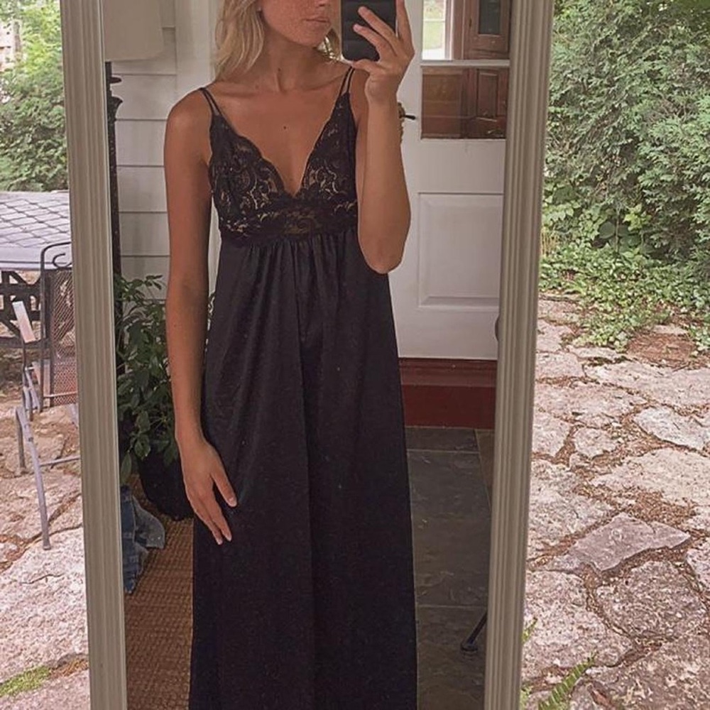 VINTAGE Black Lace Silk Maxi Slip